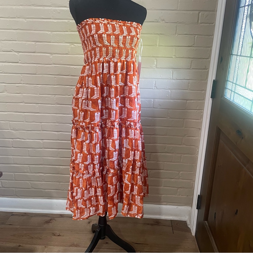 J.Marie Orange  cowboy boots print Strapless  Maxi Dress